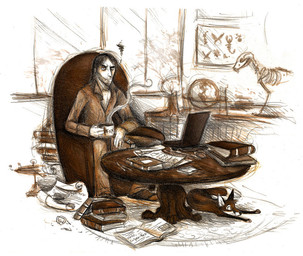 book computer container cup electronics feral furniture globe holding_container holding_cup holding_object laptop male solo table tail culpeofox canid canine fox human mammal 2010