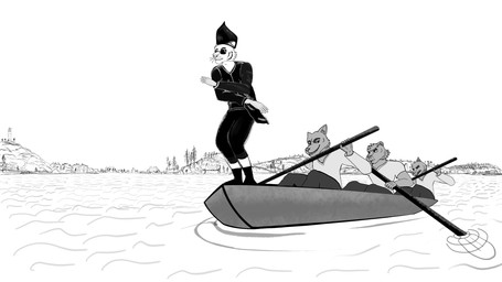 anthro aura boat detailed_background group lake male male/male vehicle watercraft erutama canid canine canis felid mammal pantherine tiger wolf 16:9 hi_res meme monochrome sketch widescreen