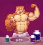 anthro areola big_muscles clothed clothing drugs eyes_closed flexing green_eyes growth growth_pills huge_muscles hyper hyper_muscles male muscle_growth muscular muscular_anthro muscular_male nipples partially_clothed pills solo towel vein veiny_muscles purrcules_(artist) sam_(purrcules) felid mammal pantherine tiger 2011 animated short_playtime