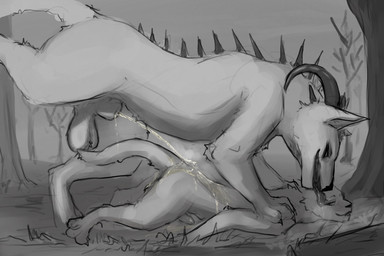 all_fours animal_genitalia anthro anthro_on_feral balls bestiality bodily_fluids duo feral feral_peeing fully_sheathed genital_fluids genitals horn larger_feral licking male male/male male_feral male_peeing marking_territory peeing peeing_on_another penis pinned quadruped saggy_balls sheath size_difference tongue tongue_out urine urine_drip urine_stream watersports corvidtree hade_(corvidtree) canid canine felid feline mammal 3:2 hi_res sketch
