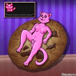 animal_genitalia anthro breasts cookie food fur genitals gynomorph intersex lying milk nipples on_back pink_body pink_eyes pink_fur pink_nose sheath smile tail text_box pixiecatsupreme cookie_clicker domestic_cat felid feline felis mammal