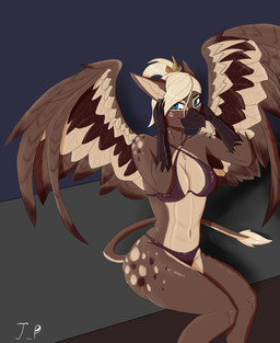 abs anthro blonde_hair blue_eyes blush bra breasts clothing crown female hair headgear nipples non-mammal_breasts non-mammal_nipples panties solo swimwear tail underwear wings john_pepsi equestria_at_war mythology avian gryphon mythological_avian mythological_creature absurd_res hi_res