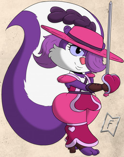 big_butt bottomwear butt clothing female footwear fur hair hair_over_eyes hat headgear headwear high_heels melee_weapon musketeer pants purple_body purple_eyes purple_fur purple_hair rapier shoes solo sword thick_thighs toeless_footwear toeless_high_heels toeless_shoes weapon wide_hipped_anthro wide_hipped_female wide_hips mysterywhiteflame tiny_toon_adventures warner_brothers fifi_la_fume mammal mephitid skunk hi_res