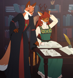 anthro antlers book castle claws clothed clothed_anthro clothed_female clothing doubtful duo emerald_(gem) eyebrows fangs female female_anthro fur gem gown green_eyes hair happy horn inside jewelry library magic_user medieval medieval_clothing orange_body orange_fur pendant raffle reading smile student tail tail_tuft teacher teacher_and_student teaching teeth text tuft witch worried writing_text docfurpanic fenja_(clumsywitch) silva_vernalis canid canine fox mammal hi_res story story_in_description