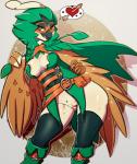 2016 anthro anthrofied areola arrow_(weapon) arrow_through_heart avante92 avian beak belt bird blush boots bottomless breasts brown_eyes clothed clothing corset decidueye feathered_wings feathers female footwear generation_7_pokemon genitals green_clothing heart_reaction heart_symbol hi_res leaf leaf_clothing legwear lingerie looking_at_viewer multi_heart_reaction nintendo non-mammal_breasts open_beak open_mouth pictographics plant plantigrade pokemon pokemon_(species) pokemorph pseudo_clothing pussy ranged_weapon simple_background skimpy solo standing thigh_highs tongue topwear vines weapon wings
