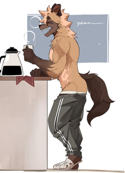 anthro arm_tuft beverage black_bottomwear black_clothing black_pants bodily_fluids bottomwear bottomwear_down boxer_briefs brown_arms brown_body brown_feet brown_fur brown_tail butt clothed clothing coffee coffee_mug coffee_pot countertop elbow_tuft eyes_closed feet footwear fur geometric_background male multicolored_body multicolored_fur muscular muscular_anthro muscular_male onomatopoeia open_mouth pants pants_down partially_clothed pecs sharp_teeth shirtless_anthro shirtless_male shoes shoulder_tuft side_view simple_background slippers solo sound_effects tail tan_body tan_fur teardrop tears teeth text track_pants tuft underwear white_clothing white_footwear yawn l4ng canid canine mammal 2026 digital_drawing_(artwork) digital_media_(artwork) english_text full-length_portrait hi_res portrait