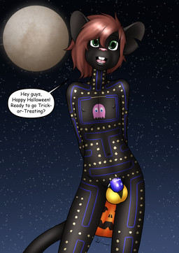 anthro balls biped black_body bodypaint brown_hair buckteeth chastity_cage chastity_cage_only chastity_device chastity_device_only clothing costume dialogue exhibitionism front_view full_moon genitals hair halloween_costume holding_object holiday_message holidays male moon night nipples notched_ear nude outdoor_nudity outside pink_nose public public_nudity short_hair solo speech_bubble stylized_chastity_cage teeth text wearing_chastity_cage wearing_chastity_device danaume bandai_namco halloween locktober pac-man_(series) pac-man pinky_(pac-man) mammal murid murine rat rodent 2025 english_text hi_res