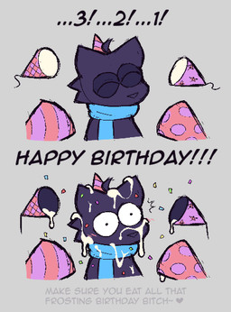 anthro birthday blush bodily_fluids clothing confetti countdown cum eyes_closed fur fur_tuft genital_fluids hat headgear headwear male mouthless party_hat party_popper purple_body scarf solo surprised text tuft zlut385 joe_(thatguynamedjoe) felid mammal colored digital_drawing_(artwork) digital_media_(artwork)