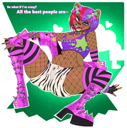alternative_fashion anthro bodysuit boots bottomwear breasts brown_body brown_fur clothing crop_top dialogue facial_piercing female fingerless_gloves fishnet_bodysuit fishnet_clothing fishnet_skinsuit footwear fur gloves hair half-closed_eyes handwear high_heeled_boots high_heels hotpants jacket jewelry leather leather_clothing leather_jacket leather_topwear medium_breasts multicolored_hair narrowed_eyes necklace nose_piercing nose_ring piercing punk purple_hair red_hair ring_piercing shirt shoes shorts skinsuit slightly_chubby slightly_chubby_anthro slightly_chubby_female solo text thick_thighs tight_clothing topwear two_tone_hair wide_hips roly cindy_(thedudemeister) bear brown_bear grizzly_bear mammal ursine 2025 english_text hi_res