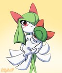 blush bottomwear carrying_another clothing female looking_at_viewer male red_eyes skirt smile thin_calves sketchygarden nintendo pokemon joy_(sketchygarden) serenity_(sketchygarden) generation_3_pokemon humanoid kirlia pokemon_(species) ralts