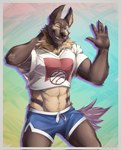 anthro biceps blue_bottomwear blue_clothing blue_shorts border bottomwear brown_body brown_eyebrows brown_fur brown_nose brown_tail clothing crop_top dolphin_shorts eyebrows fingers fur gesture green_eyes hand_behind_head looking_at_viewer male navel shirt shorts simple_background solo standing tail tan_body tan_fur topwear tuft waving white_border white_clothing white_crop_top white_topwear purtropos northern_lights_(visual_novel) aldric_(northern_lights) canid canine canis domestic_dog german_shepherd herding_dog mammal pastoral_dog hi_res