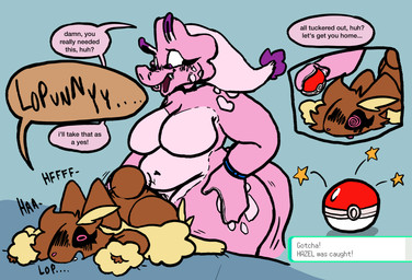 after_transformation anthro belly big_breasts black_sclera blush breasts brown_body brown_fur buckteeth captured dialogue doggystyle duo featureless_breasts female from_behind_position fur gameplay_mechanics genitals gynomorph gynomorph/female gynomorph_penetrating hair huge_breasts implied_transformation intersex intersex/female intersex_penetrating language_barrier nude pear-shaped_figure penetration penis pokeball pokeball_capture pokemon_speak sex smile snout spiral spiral_eyes standard_pokeball tail tail_motion tailwag teeth text thick_thighs wide_hips girlpenisworld nintendo pokemon hazel_(girlpenisworld) randy_(girlpenisworld) alien generation_4_pokemon lagomorph lopunny mammal pokemon_(species) digital_media_(artwork) english_text hi_res trans_(lore) trans_woman_(lore)