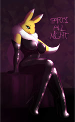 anthro armwear black_sclera blue_eyes boots breasts clothed clothing elbow_gloves female fluffy_chest footwear gloves handwear high_heeled_boots high_heels latex latex_clothing looking_at_viewer neon_lights shoes smile smiling_at_viewer solo tail fluffycanvas bandai_namco digimon canid canine digimon_(species) fox mammal renamon animated hi_res no_sound short_playtime webm