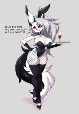 anthro big_breasts breasts bunny_costume clothing costume dialogue female fishnet_clothing fishnet_legwear fur grey_hair hair legwear long_hair playboy_bunny profanity solo text thigh_highs white_body white_fur lucyfercomic hellaverse helluva_boss mythology loona_(helluva_boss) canid canid_demon canine demon hellhound mammal mythological_canine mythological_creature 2025 absurd_res english_text hi_res