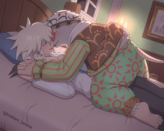 anthro bed biped bottomwear clothing detailed_background duo eyes_closed furniture hand_holding hat headgear headwear human_on_anthro humanoid_hands inside interspecies kemono kissing lying male pants pillow shirt tail topwear kajinchu romancing_saga_2 saga_(game_series) eulipotyphlan human mammal mole_(animal) mole_(romancing_saga_2) 2026 5:4 hi_res