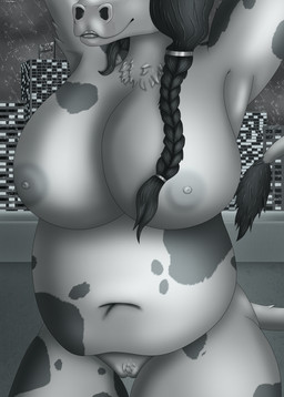 animal_print anthro belly big_breasts billboard braided_hair breasts chest_tuft city city_background cityscape clitoral_hood clitoris cloud cloudy_sky cow_print dark_hair female genitals hair light_body lips long_hair navel nipples pubes raindrop raining raised_arm sky slightly_chubby slightly_chubby_anthro slightly_chubby_female smile snout solo tail tail_tuft thigh_gap tuft vulva water_on_window window window_light window_sill tamhigan_(artist) bovid bovine cattle holstein_friesian_cattle humanoid mammal digital_drawing_(artwork) digital_media_(artwork) greyscale hi_res monochrome signature