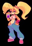 anthro beverage blonde_hair breasts clothed clothing female green_eyes hair hand_on_hip lips lipstick low-riding makeup no_underwear overalls ponytail sagging_pants shirt single_glove smoothie solo tank_top topwear under_boob jdwalkrat activision crash_bandicoot_(series) coco_bandicoot bandicoot mammal marsupial absurd_res alpha_channel hi_res