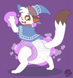 4_fingers ambiguous_gender anthro blue_clothing blue_hat blue_headwear blue_topwear blush blush_lines brown_body brown_collar brown_ears brown_fur brown_tail_tip clean_diaper clothed clothing cloud_emanata collar diaper diaper_puff dipstick_tail emanata fangs fingers fur hat headgear headwear logo magic magic_user markings multicolored_body multicolored_fur open_mouth pawpads pink_nose poncho purple_background red_inner_ear red_pawpads simple_background solo spots spotted_body spotted_face spotted_fur standing striped_diaper tail tail_markings teeth topwear two_tone_body two_tone_fur wearing_diaper white_body white_fur white_tail wizard_hat bubblepuppers myst_(daxter131) domestic_cat felid feline felis mammal artist_logo hi_res
