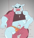 angry anthro bed belly blue_body blush bottomwear bulge clothing furniture genitals humanoid_genitalia humanoid_hands humanoid_penis kemono male navel pants penis shirt sitting slightly_chubby solo topwear underwear ryuta-h mammal suid suine sus_(pig) wild_boar 2009