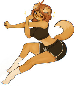 anthro big_breasts bottomwear bra breasts brown_hair clothed clothed_anthro clothed_female clothing eyewear female floppy_ears footwear fur glasses hair looking_at_viewer shorts socks solo sports_bra stretching tail tan_body tan_fur underwear wearing_glasses evebevie canid canine canis domestic_dog mammal absurd_res hi_res