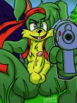 anthro balls buckteeth butt clothing erection fur genitals green_body green_fur gun holding_gun holding_object holding_ranged_weapon holding_weapon humanoid_genitalia humanoid_penis kerchief looking_at_viewer male nude open_mouth penis ranged_weapon smile solo teeth weapon syaokitty epic_games jazz_jackrabbit_(series) jazz_jackrabbit hare lagomorph leporid mammal 2017 3:4 digital_media_(artwork) hi_res