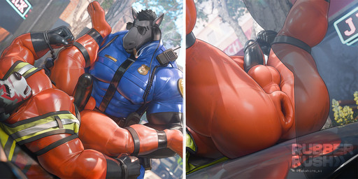 abs anal_sheath anthro anus balls black_clothing black_gloves black_hair black_handwear blue_clothing blue_shirt blue_topwear bodysuit car cigar cigar_in_mouth clothing cuff_(restraint) day duo earpiece electronics erection eyewear facial_scar fur genitals gloves grey_body grey_fur hair handcuffed handcuffs handwear leaf low-angle_view male male/male metal_cuffs multicolored_body multicolored_fur muscular muscular_anthro muscular_male object_in_mouth on_car orange_bodysuit orange_clothing orange_skinsuit outside pecs penis plant police police_badge police_car police_officer police_uniform police_vehicle rear_view red_hair restraints safety_vest scar shirt skinsuit smoking smoking_cigar snout snout_scar street sunglasses teal_body teal_fur tight_clothing title topwear tree twitter_handle two_tone_body two_tone_fur uniform vehicle vest walkie-talkie white_body white_fur takahirosi gustavo_(takahirosi) o_(takahirosi) canid canine demon equid equine horse hybrid mammal 2025 hi_res watermark