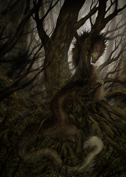 ambiguous_feral ambiguous_gender antlers brown_body brown_fur claws detailed_background detailed_fur fangs feral finger_claws forest fur glowing glowing_eyes grass horn long_neck long_tail long_torso outside plant realistic snout solo tail teeth text tree isvoc mythology nise_(isvoc) dragon eastern_dragon furred_dragon furred_scalie mythological_creature mythological_scalie scalie 2026 detailed hi_res shaded url female_(lore)