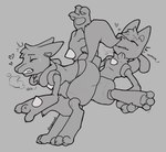 3_fingers 3_toes anthro clenched_teeth duo feet fingers heart_symbol male male/male sex simple_background teeth text toes shugowah nintendo pokemon generation_4_pokemon lucario pokemon_(species) digital_media_(artwork) hi_res monochrome