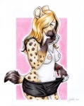 abstract_background anthro belly biped black_nose blonde_hair blue_eyes bottomwear breasts clothed clothing clothing_pull female hair hand_on_face leg_markings long_hair looking_at_viewer markings nipples nude pants pose scan shorts shy simple_background socks_(marking) solo spots standing tail teasing topless cayleth cayleth_(character) hyena mammal spotted_hyena 2012 traditional_media_(artwork)