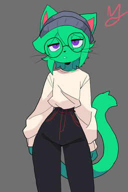 anthro beanie beige_shirt big_tail black_bottomwear black_clothing black_pants bottomwear clothing eyewear femboy fluff_fluff_(fluffmabb) fur glasses green_body green_fur grey_background grey_beanie grey_clothing grey_hat grey_headwear hat headgear headwear male pants purple_eyes round_glasses simple_background small_waist solo tail mariry01 fluffmabb domestic_cat felid feline felis mammal hi_res