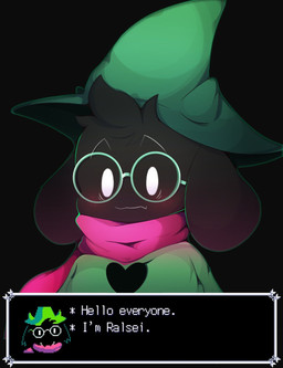 ambiguous_gender anthro blush clothing dialogue eyewear fur glasses green_clothing green_hat green_headwear greeting hat headgear headwear looking_at_viewer scarf solo text text_box eisuke_art deltarune undertale_(series) ralsei darkner 2018 digital_media_(artwork) english_text hi_res male_(lore)