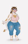 anthro big_breasts bottomwear breasts brown_hair brown_spots clothing cloven_hooves denim denim_bottomwear denim_clothing ear_piercing ear_ring ear_tag female fingers hair hand_on_chest hoof_hands hooved_fingers hooves horn jeans overweight overweight_female pants piercing ponytail purple_eyes ring_piercing shirt smile solo spots tail tail_tuft tank_top thick_thighs topwear torn_bottomwear torn_clothing torn_jeans torn_pants tuft unguligrade white_body quidhansed mocha_(dex) bovid bovine cattle mammal absurd_res hi_res