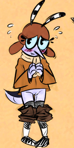 antennae_(anatomy) anthro biped blush blush_lines bodily_fluids bottomwear bottomwear_down clothed clothing embarrassed female front_view genitals jacket legwear long_nose looking_at_viewer partially_clothed pattern_clothing pattern_legwear pattern_stockings presenting presenting_vulva scarf shorts shorts_down simple_background solo standing stockings striped_clothing striped_legwear striped_stockings stripes sweat sweatdrop thin_calves thin_legs thin_thighs topwear vulva wavy_mouth soulcentinel squitoo third-party_edit mika_(fatalafterdark) arthropod fly_(animal) insect mosquito 2023 brown_theme color_edit colored digital_media_(artwork) restricted_palette sketch
