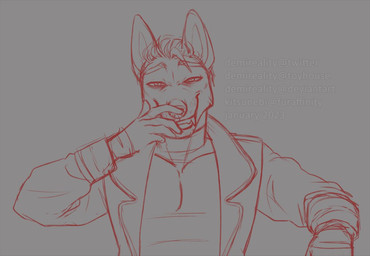 anthro clothed clothing eyebrows fangs front_view grin hair half-closed_eyes jacket looking_at_viewer male narrowed_eyes open_clothing open_jacket open_topwear raised_inner_eyebrows short_hair simple_background smile solo teeth text topwear demireality canid canine mammal 2023 artist_name dated monochrome sketch