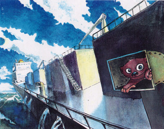 ambiguous_gender antenna_wire anthro cloud crane_(machine) day detailed_background fur looking_at_viewer outside sea ship smile solo vehicle ventilation_shaft water watercraft whiskers carl_quist_moller jungledyret_hugo hugo_(jungledyret) mammal marsupial vombatiform concept_art hi_res official_art traditional_media_(artwork) male_(lore)