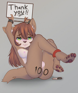 ankles_tied anthro anus bdsm blush bondage bound brown_body brown_fur brown_hair butt clitoris cuff_(restraint) female flat_chested fur genitals green_eyes hair handcuffs happy_slave holding_object holding_sign loli looking_at_viewer marker metal_cuffs nipples nude restraints rope rope_bondage sign simple_background smile solo text thank_you vulva young young_anthro young_female maplespider pet_(maplespider) canid canine fox mammal digital_media_(artwork) english_text hi_res