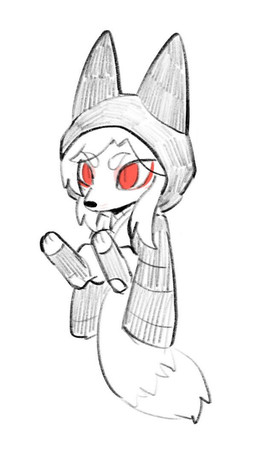 anthro clothed clothing digitigrade dipstick_tail eyebrow_through_hair eyebrows female hair hood markings pupils red_eyes simple_background slit_pupils solo tail tail_markings three-quarter_view topwear translucent translucent_hair unsigned asnnonaka kitsugawa_sakura canid canine fox mammal partially_colored spot_color nonbinary_(lore)
