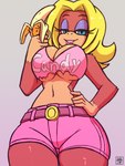 anthro banana blonde_hair blue_eyes breasts cleavage clothed clothing countershading eyeshadow female food fruit fur hair lipstick makeup narrowed_eyes plant shirt simple_background smile solo text text_on_clothing text_on_shirt text_on_topwear topwear deathzera donkey_kong_(series) nintendo candy_kong haplorhine mammal monkey primate 2022 hi_res signature