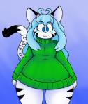 :3 anthro blue_blush blue_eyes blue_hair blush bottomless clothed clothing female flat_chested fur hair markings solo standing stripes sweater thick_thighs topwear turtleneck white_body white_fur wide_hips youtuber iguanasarecool the_corbin_family nikki_corbin felid mammal pantherine siberian_tiger tiger