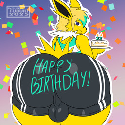 anthro big_butt birthday birthday_cake blonde_hair blue_eyes bottomwear bulge bulge_from_behind butt cake clothing dessert food hair looking_at_viewer looking_back male presenting presenting_hindquarters shirt shorts smile solo tank_top text text_on_clothing thick_thighs tight_bottomwear tight_clothing tight_shorts topwear wide_hips wolfe_fubuki nintendo pokemon zeeb_(wolfe_fubuki) eeveelution generation_1_pokemon jolteon pokemon_(species) hi_res