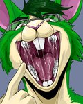 anthro blue_background bodily_fluids brown_eyes buckteeth buckteeth_(lower_incisors) cheek_tuft facial_tuft front_view fur glistening glistening_eyes glistening_hair glistening_tongue green_body green_ears green_fur green_hair hair male mouth_shot open_mouth pink_inner_ear pink_nose red_tongue saliva saliva_on_tongue saliva_string simple_background solo tan_body tan_fingers tan_fur teeth tongue tuft uvula imperatorcaesar lagomorph leporid mammal rabbit absurd_res bust_portrait hi_res portrait