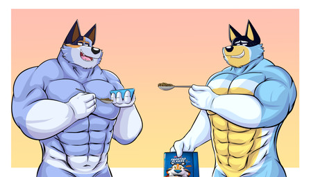 abs anthro big_muscles blue_body blue_fur bowl container duo eating fur gradient_background looking_at_another male mascot multicolored_body multicolored_fur muscular muscular_anthro muscular_male open_mouth pecs pink_tongue simple_background smile teeth three_frame_sequence tongue eddiefragoso bluey_(series) frosted_flakes kellogg's bandit_heeler stripe_heeler tony_the_tiger australian_cattle_dog canid canine canis cattledog domestic_dog herding_dog mammal pastoral_dog 7:4 absurd_res hi_res