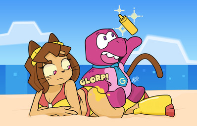 accessory beach clothing duo female food male mustard necktie outside sand sea sound_effects sunbathing swimwear water dm29 gameoverse glitch_productions gobbles_(gameoverse) kit_bodega dinosaur felid feline mammal prehistoric_species reptile scalie 14:9 hi_res