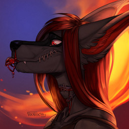 anthro big_ears black_clothing black_nose black_topwear blood blood_on_tongue bodily_fluids cheek_tuft clothed clothing ears_back facial_tuft female fur glistening glistening_eyes gore grey_body grey_fur hair inner_ear_fluff long_hair mouth_closed nosebleed pivoted_ears red_eyes red_hair red_inner_ear_fluff red_tongue sewn_mouth side_view simple_background slit_throat solo tongue tongue_out topwear tuft riorix canid mammal 1:1 2017 bust_portrait dated detailed hi_res icon portrait signature