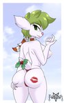 anthro anthrofied beckoning big_butt breasts butt camel_toe christmas_clothing clothing eyeshadow female fluffy fluffy_tail fur gesture green_eyes green_hair green_makeup hair hand_on_butt holidays holly_(plant) inviting kiss_mark kiss_my_ass lipstick lipstick_on_butt makeup nipples pattern_clothing pattern_scarf pink_nose plant pokemorph rear_view red_clothing red_thong red_underwear scarf side_boob simple_background solo striped_clothing striped_scarf stripes tail thong underwear white_body white_fur zelripheth christmas nintendo pokemon generation_4_pokemon legendary_pokemon pokemon_(species) shaymin sky_forme_shaymin absurd_res hi_res