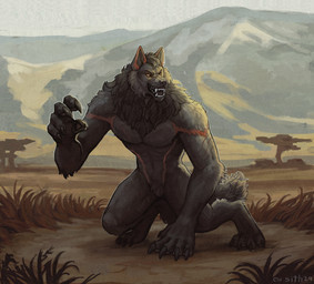 anthro brown_body claws fur grass grin looking_at_viewer male male_anthro mountain plant smile solo teeth cu_sith_(artist) mythology kael_(beleynn) canid canine canis mammal mythological_canine mythological_creature werecanid werecanine werecreature werewolf wolf absurd_res digital_drawing_(artwork) digital_media_(artwork) digital_painting_(artwork) hi_res painting_(artwork)