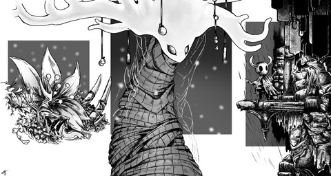2_horns ambiguous_gender biped black_body black_eyes cloak clothed clothing detailed_background eyelashes female fire group holding_map horn map melee_weapon nail_(weapon) plant raining standing tree trio weapon weapon_on_back white_body cohavmuzar hollow_knight_(franchise) team_cherry grimmchild_(hollow_knight) hornet_(hollow_knight) the_knight_(hollow_knight) white_lady_(hollow_knight) arthropod elemental_creature flora_fauna treant vessel_(species) 2025 hi_res monochrome