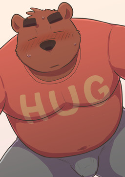 anthro belly black_nose blush bottomwear brown_body brown_fur bulge clothing eyes_closed fur kemono male overweight overweight_anthro overweight_male pants shirt simple_background solo topwear kick_(artist) bear mammal 2015