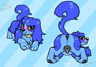 animal_genitalia animal_vulva anus ass_up bedroom_eyes blue_body blue_fur blush bodily_fluids butt canine_genitalia canine_vulva collar female feral fur genital_fluids genitals heel narrowed_eyes pawpads paws presenting presenting_anus presenting_hindquarters presenting_vulva raised_tail seductive size_difference smaller_female solo tail toony vaginal_fluids vulva blizzate ruff_ruff_danger_dogs ruff_ruff_blue canid canine canis domestic_dog mammal