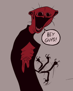 3_claws 3_fingers ambiguous_gender black_mouth black_text claws disembowelment excited fingers gesture gore grey_background guts happy interjection intestines organs pink_sclera pink_teeth red_body red_insides red_skin simple_background solo talking_to_viewer teeth text waving waving_at_viewer white_speech_bubble gooseworx the_boiled_one_phenomenon phen-228 humanoid monster monstrous_humanoid 2024 colored english_description english_text flat_colors